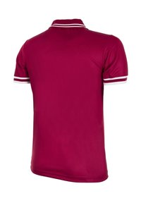 Bordeaux polohemd van gladde stof, met een klassieke kraag, korte mouwen met witte strepen en een slim fit.