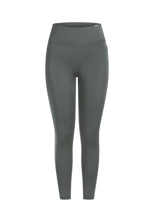 Donker groene high-waisted leggings van een gladde, rekbare stof; voorzien van zijzakken en contrasterende naden langs de zijkanten.