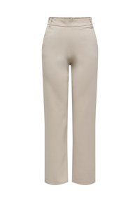 Pantalon beige taille haute à jambes droites avec passants de ceinture, devant plat et finition soignée, présenté sur fond blanc.