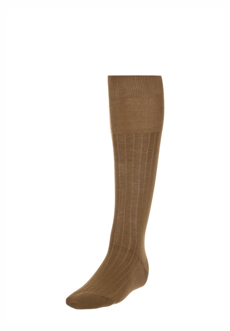 Calza marrone fino al ginocchio realizzata in un materiale liscio e strutturato, con costine verticali e un design aderente.