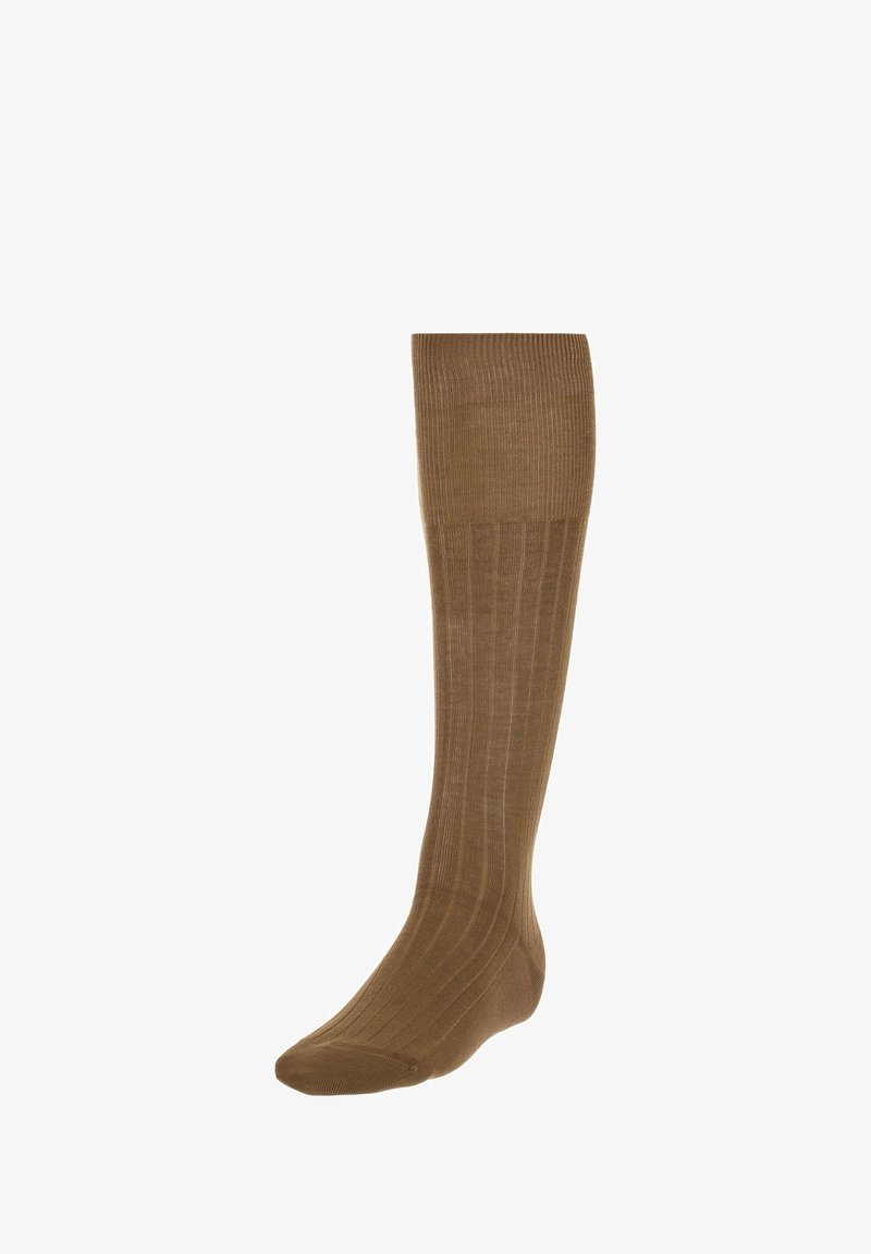 Calza marrone fino al ginocchio realizzata in un materiale liscio e strutturato, con costine verticali e un design aderente.