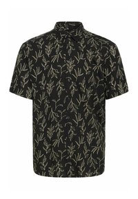 Korte mouw zwarte shirt met een wit bladerenpatroon, knoopsluiting aan de voorkant en een klassieke kraag. Gemaakt van lichtgewicht stof.