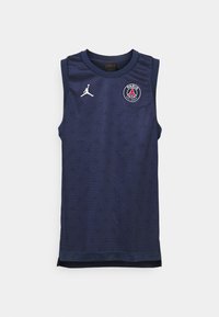 Modrý tmavě modrý dres bez rukávů z texturované síťoviny s logem Paris Saint-Germain a bílým emblémem Jumpman.