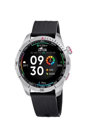 Smartwatch mit schwarzem Armband zeigt Datum, Uhrzeit 09:30, Temperatur 28 °C, Herzfrequenz 98 bpm, 4,32 km gelaufen, 480 Kalorien verbrannt, 8680 Schritte.