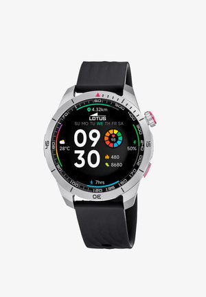 Smartwatch with black strap showing date, time 09:30, temperature 28°C, heart rate 98 bpm, 4.32 km walked, 480 calories burned, 8680 steps.