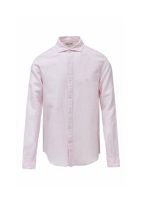Camisa de manga larga rosa claro hecha de tejido trenzado, con cuello abotonado y parte delantera lisa, que cuenta con un pequeño logo en el pecho.