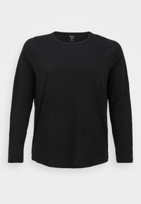 T-shirt preta de mangas longas, feita de um material suave, com um decote redondo e um corte relaxado. Design simples, sem padrões ou detalhes.
