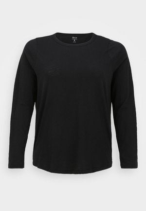 T-shirt preta de mangas longas, feita de um material suave, com um decote redondo e um corte relaxado. Design simples, sem padrões ou detalhes.