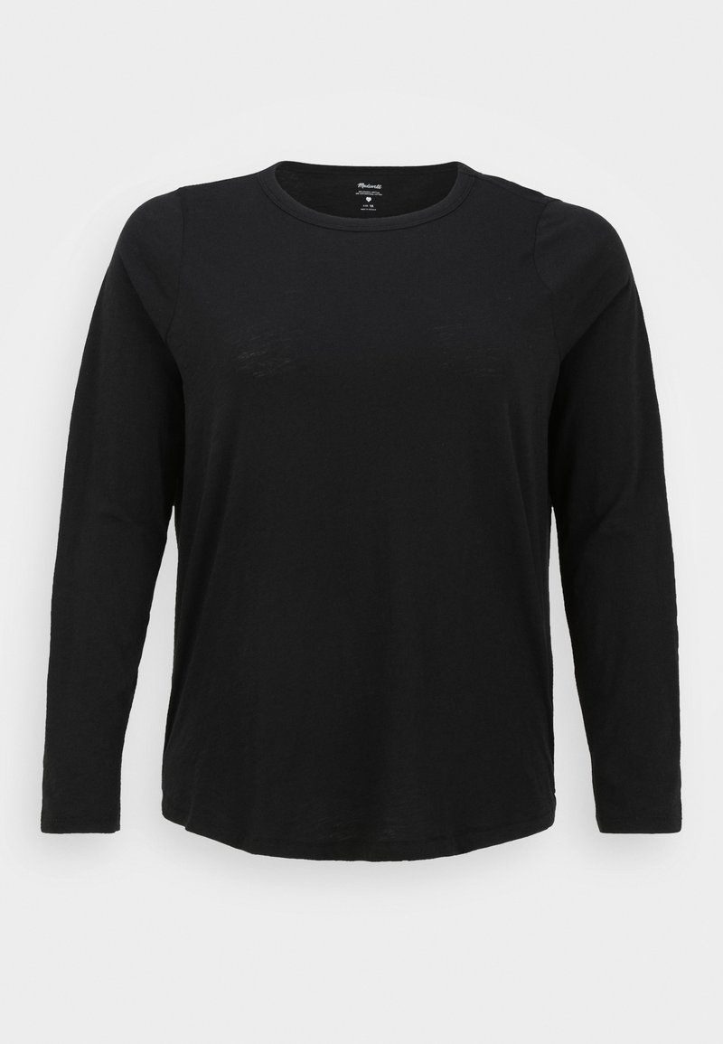 T-shirt preta de mangas longas, feita de um material suave, com um decote redondo e um corte relaxado. Design simples, sem padrões ou detalhes.