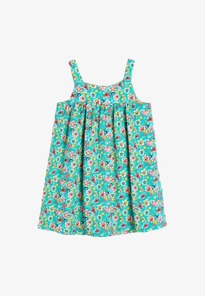 Vestido floral con base turquesa, que presenta coloridos estampados de flores, tirantes finos y un corpiño fruncido para un ajuste suelto en línea A.