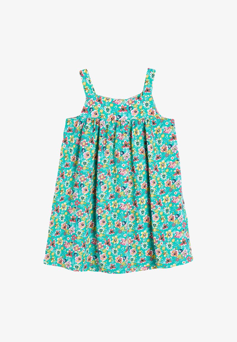 Abito floreale con base turchese, caratterizzato da vivaci motivi floreali, spalline sottili e un corpetto arricciato per una vestibilità ampia a forma di A.