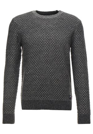 Gray knitted sweater with a textured pattern, crew neckline, and long sleeves. Features a ribbed hem and cuffs.