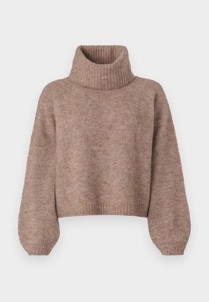 Pull en tricot marron avec un col roulé haut, des manches raglan et une coupe courte. Texture douce avec des poignets et un ourlet côtelés.