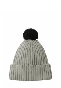 Berretto di maglia grigio con un design a coste testurizzato, caratterizzato da un grande pon-pon nero sulla parte superiore. Cuffia arrotolata nella parte inferiore per una vestibilità regolabile.