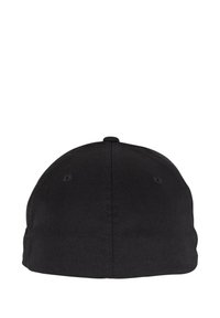 Black cotton baseball cap with a curved visor, solid construction, and no visible logos or embellishments. Features ventilation holes on the sides.