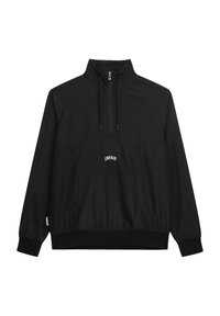 Czarny sweter z zamkiem, kołnierz typu funnel, elastyczne mankiety, kieszeń na przedzie, białe logo "UNFAIR" na klatce piersiowej, gładka tekstura materiału.