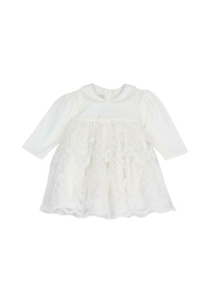 Robe blanche à manches longues pour bébé avec jupe superposée en dentelle florale et petit nœud sous le col.