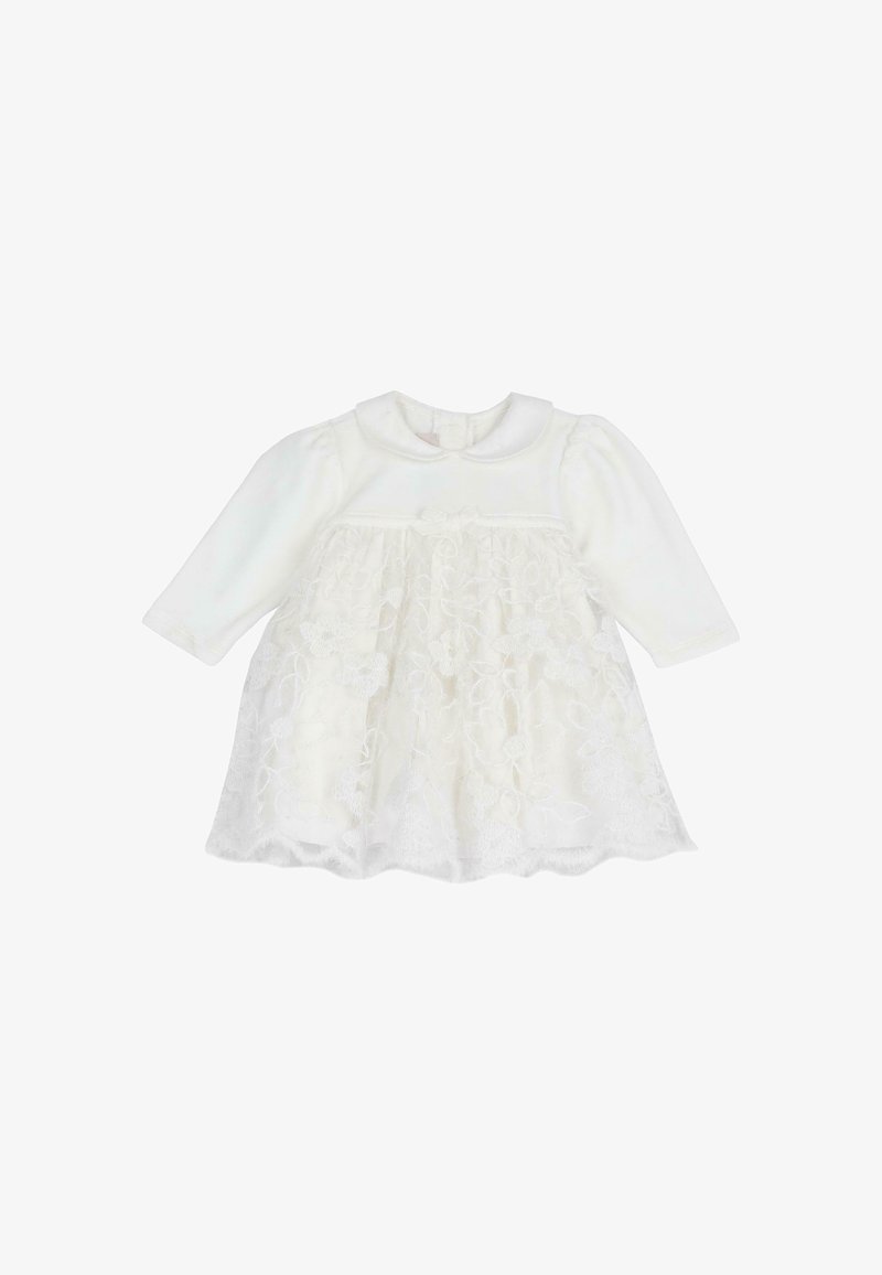 Robe blanche à manches longues pour bébé avec jupe superposée en dentelle florale et petit nœud sous le col.