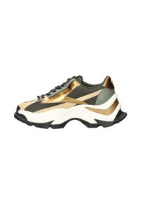 Chunky Sneaker mit einer Farbgebung in Gold, Grün und Schwarz. Verfügt über ein Obermaterial aus Mesh, kontrastierenden Texturen und einer dicken weißen Sohle mit schwarzen Akzenten.