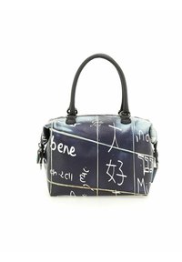 Piccola borsa a tracolla in pelle blu navy testurizzata, con scritte e simboli bianchi. Progettata con due manici neri e chiusura con zip.