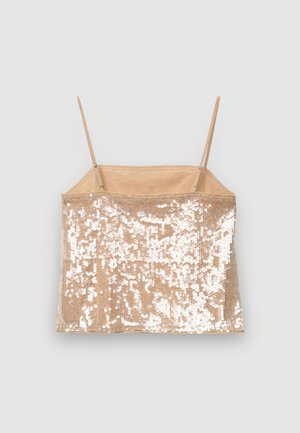 Haut sans manches beige avec ornements en sequins, présentant une coupe droite et des bretelles réglables. Texture brillante avec une doublure lisse.