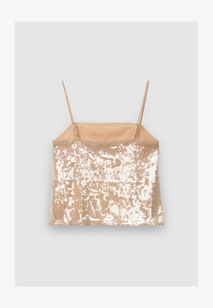 Top beige senza maniche con applicazioni di paillettes, caratterizzato da un taglio dritto e spalline regolabili. Texture lucida con fodera liscia.