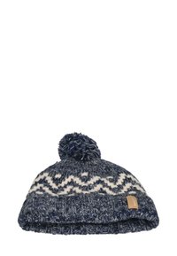 Knitted beanie in dark blue and white with a geometric pattern, rounded top, and pom-pom. Features a tan label on the cuff.