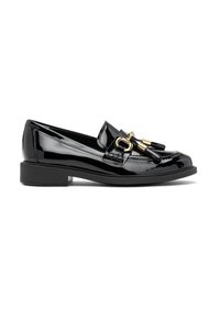 Must mustrina lakkvärviga loaferid lame kummitald, millel on kuldne riistvara ja tutid esiosas. Sujuv tekstuur ja elegantne disain.