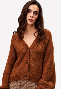 Brauner, flauschiger Cardigan mit V-Ausschnitt, langen Ärmeln und zwei Knöpfen vorne. Weiche Textur und lockere Passform.