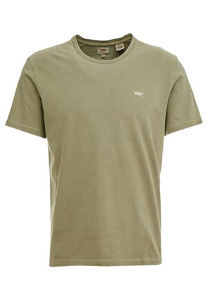 Olivegrünes Baumwoll-T-Shirt mit rundem Ausschnitt, kurzen Ärmeln und einem kleinen weißen Logo auf der Brust. Weicher Textur und einfaches Design.