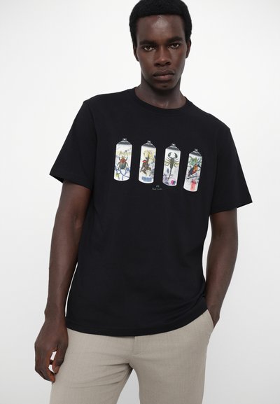 Black cotton t-shirt featuring a colorful print of four spray cans with intricate designs, displayed on the front. Short sleeves, crew neck.