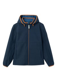 Chaqueta softshell azul marino con interior y acentos naranjas, cierre frontal de cremallera, capucha ajustable y dos bolsillos laterales.