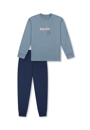 Hellblaues Langarmhemd mit dem Aufdruck "keep active" und Grafik, kombiniert mit dunkelblauen, elastischen Hosen mit elastischem Bund, beide aus weichem Material.