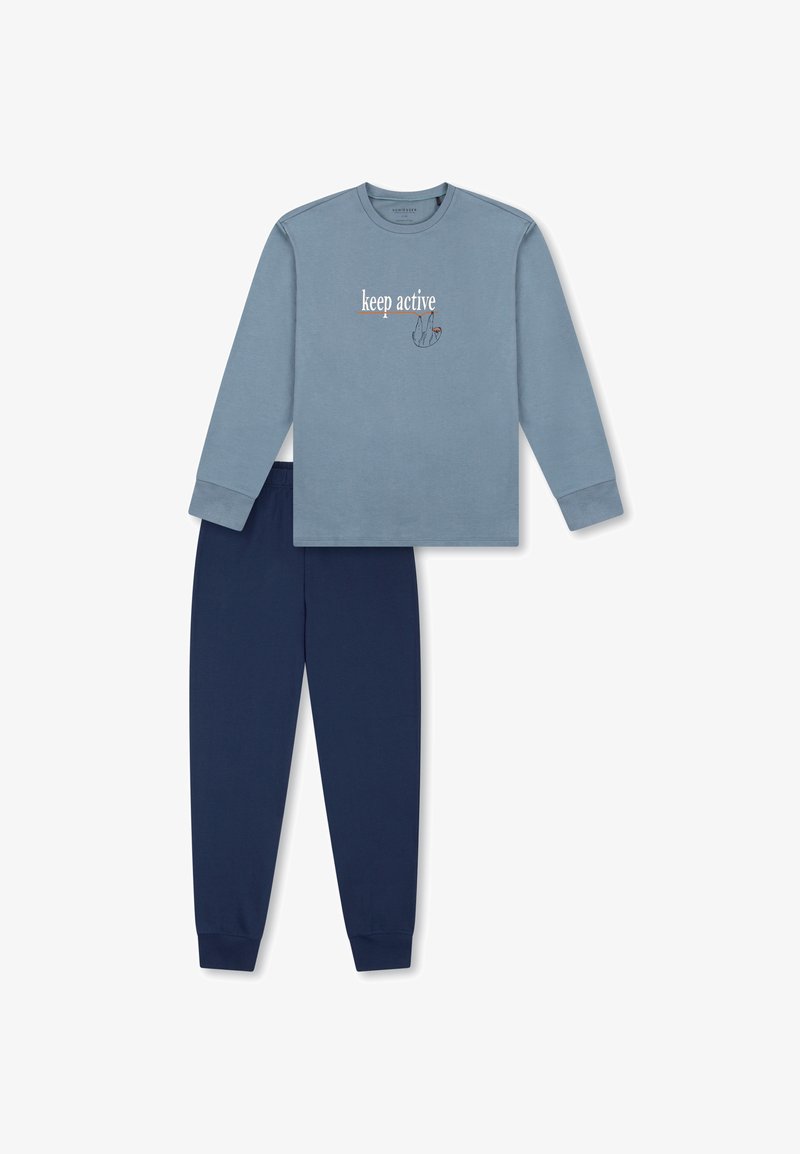 Light blue long-sleeve shirt with “keep active” text and graphic, paired with dark navy elastic waist pants, both in soft texture.