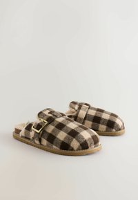 Brown and cream checkered slippers in plush fabric, featuring a buckle strap and soft lining, with a beige rubber sole.