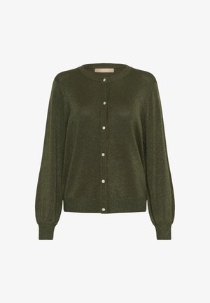 Tamsiai žalia cardigan'ą, pagamintą iš blizgaus, tekstūrinio audinio, su apvalia iškirpte, ilgomis rankovėmis ir penkiais dekoratyviais mygtukais priekyje.