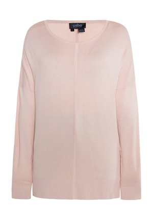 Suéter de manga larga rosa claro con un escote redondo, puños y dobladillo acanalados. Hecho de un tejido de punto suave de peso medio y textura suave.