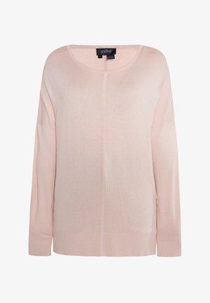 Suéter de manga larga rosa claro con un escote redondo, puños y dobladillo acanalados. Hecho de un tejido de punto suave de peso medio y textura suave.