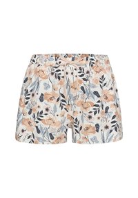 Kvetinové šortky s krémovým podkladom a broskyňovými, námorníckymi a modrými kvetmi; elastický pás s šnúrkou pre bezpečné nosenie.