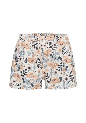 Blumenmuster-Shorts mit einem cremefarbenen Grund und Pfirsich-, Marine- und blauen Blumen; elastischer Bund mit Kordelzug für einen sicheren Sitz.