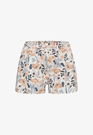 Ziedu raksta šorti ar krēmkrāsas pamatu, uz kura ir persiku, jūras zila un zila ziedi; elastīgs josta ar auklu drošai piegulšanai.