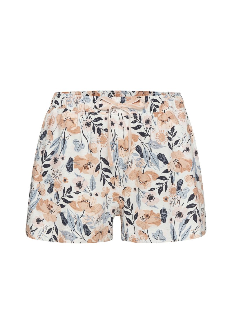 Kvetinové šortky s krémovým podkladom a broskyňovými, námorníckymi a modrými kvetmi; elastický pás s šnúrkou pre bezpečné nosenie.