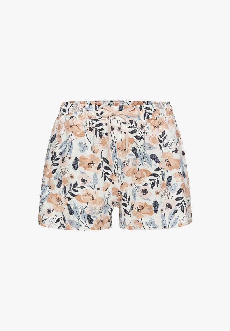 Kvetinové šortky s krémovým podkladom a broskyňovými, námorníckymi a modrými kvetmi; elastický pás s šnúrkou pre bezpečné nosenie.
