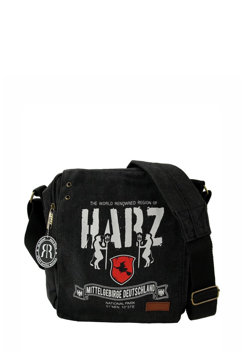 Black canvas messenger bag with a printed design featuring "HARZ" and a red shield. Includes a zipper, strap, and logo tag. Dimensions not specified.