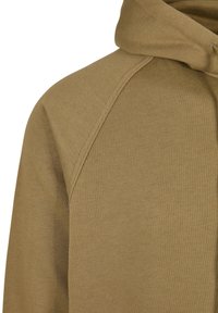 Khaki mikina s hladkou texturou, raglánovými rukávy a kapucí se stahovací šňůrkou. Jednobarevná s jemnými švy.