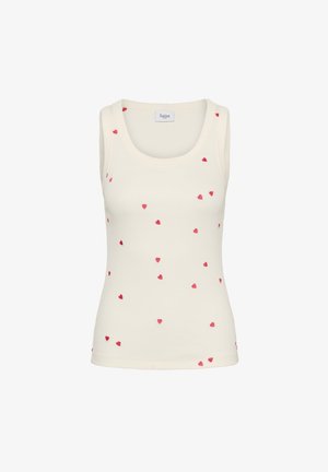 Cream sleeveless ribbed tank top with scattered small red heart patterns and a scoop neckline.