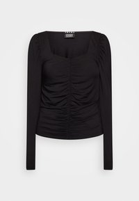 Top nero a maniche lunghe con scollatura quadrata, caratterizzato da una texture arricciata sul davanti e sulle spalle, realizzato in tessuto morbido e elasticizzato.