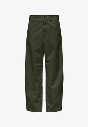 Pantalon vert foncé à jambes droites avec passants pour ceinture, fermeture par bouton et fermeture éclair, et poches latérales.