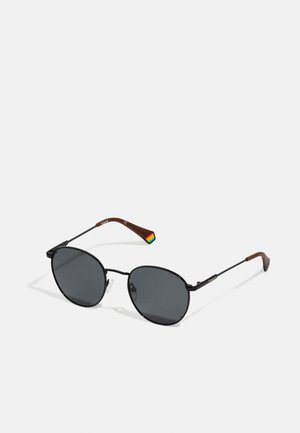 Round black sunglasses with dark lenses, thin metal frame, and brown temple arms featuring a rainbow accent near the hinge.