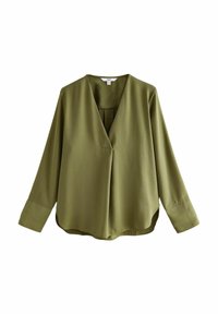 Blouse à manches longues vert olive avec un col en V, coupe ample et ourlet arrondi. Fabriquée en tissu lisse et léger. Design minimaliste.